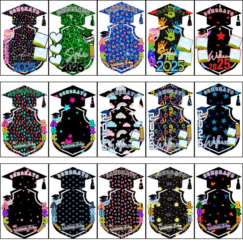 May include: A collection of graduation-themed designs featuring mortarboards and shields. Each design includes the word "Congrats", the year "2025", and space for a name. The shields have various patterns, including stars, letters, and handprints.
