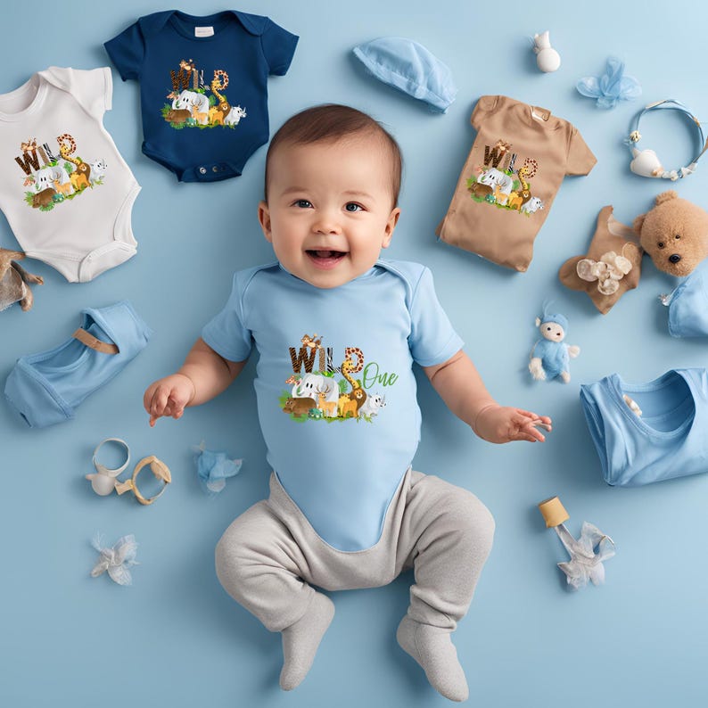 May include: A baby boy wearing a light blue bodysuit with the text 'Wild One' and a graphic of jungle animals. The baby is surrounded by various toys, including stuffed animals, a blue hat, and a white onesie with the text 'Wild' and a jungle animal graphic.