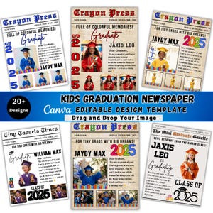 May include: A collection of graduation-themed newspaper templates. The designs feature the text "Graduate" and "Class of 2025", with space for photos. The newspapers are in various colors and styles, with the words "Crayon Press" and "Tiny Tassels Times".