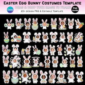 Könnte beinhalten: Eine Vorlage für Osterhasen-Kostüme. Das Design zeigt mehrere Hasenkostüme mit Platz für ein Gesicht, die Ostereier, Karotten und Schilder halten. Der Text lautet "EASTER EGG BUNNY COSTUMES TEMPLATE" und "DRAG & DROP YOUR IMAGE TO FRAME".