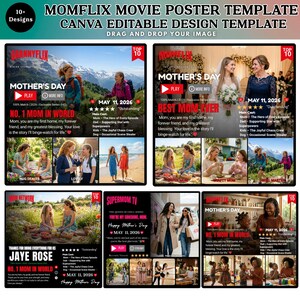 Könnte beinhalten: Eine bearbeitbare Canva-Filmplakatvorlage mit dem Text "MOMFLIX" und "MOTHER'S DAY". Das Design umfasst mehrere Filmplakat-Mockups mit Bildern von Müttern und Kindern. Die Vorlage ist für eine einfache Anpassung mit Drag-and-Drop-Funktionalität konzipiert.
