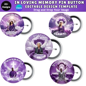 May include: A selection of memorial pin badges with a purple and white design. Each badge features a photo, angel wings, and text such as "Forever in Our Hearts" and "Rest in Peace". The badges are round with a metal pin back.