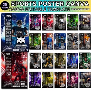 Könnte beinhalten: Eine Sammlung von 25 Sportplakat-Designs mit einer editierbaren Canva-Vorlage. Jedes Plakat zeigt einen Footballspieler mit Teamnamen, Spielernamen und dem Jahr 2025. Die Plakate haben ein dynamisches Design mit Blitzen und fettem Text.