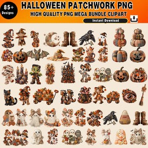 Könnte beinhalten: Eine digitale Sammlung von über 85 Halloween-Patchwork-Grafiken mit Kürbissen, Geistern, Katzen, Hexen und Spukhäusern in orangefarbenen, braunen und schwarzen Mustern. Der Text lautet HALLOWEEN PATCHWORK PNG HIGH QUALITY PNG MEGA BUNDLE CLIPART.