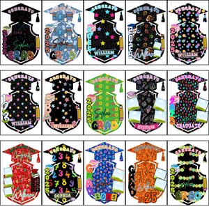 May include: A collection of graduation-themed designs featuring mortarboards and shields. Each design includes the word "Congrats", the year "2025", and space for photos. Some designs include names like "Sophie" and "William", and the word "Grad".