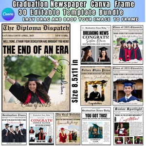 May include: A set of 30 editable graduation newspaper templates for Canva. The templates feature a vintage newspaper design with a variety of layouts and text options. The templates are perfect for creating personalized graduation announcements, invitations, or keepsakes.