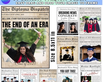 May include: A set of 30 editable graduation newspaper templates for Canva. The templates feature a vintage newspaper design with a variety of layouts and text options. The templates are perfect for creating personalised graduation announcements, invitations, or keepsakes.