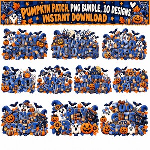 May include: A digital bundle of 10 Halloween-themed PNG designs featuring ghosts, pumpkins, and bats in blue and orange plaid patterns. The text includes phrases like Stay Spooky, Happy Halloween, Boo Crew, Ghost Squad, Hello Fall, and Trick or Treat.