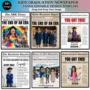 20+ Kids News Paper Graduation Canva Templates Editable, Kindergarten Graduation Templates, Grad Elementary School, Money Card,Class Of 2026