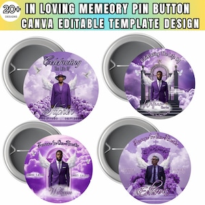 May include: A collection of four memorial pin button designs. Each button features a portrait of a person, angel wings, and the text "Celebrating The Life Of" or "Forever In Our Hearts". The buttons are in shades of purple and white.