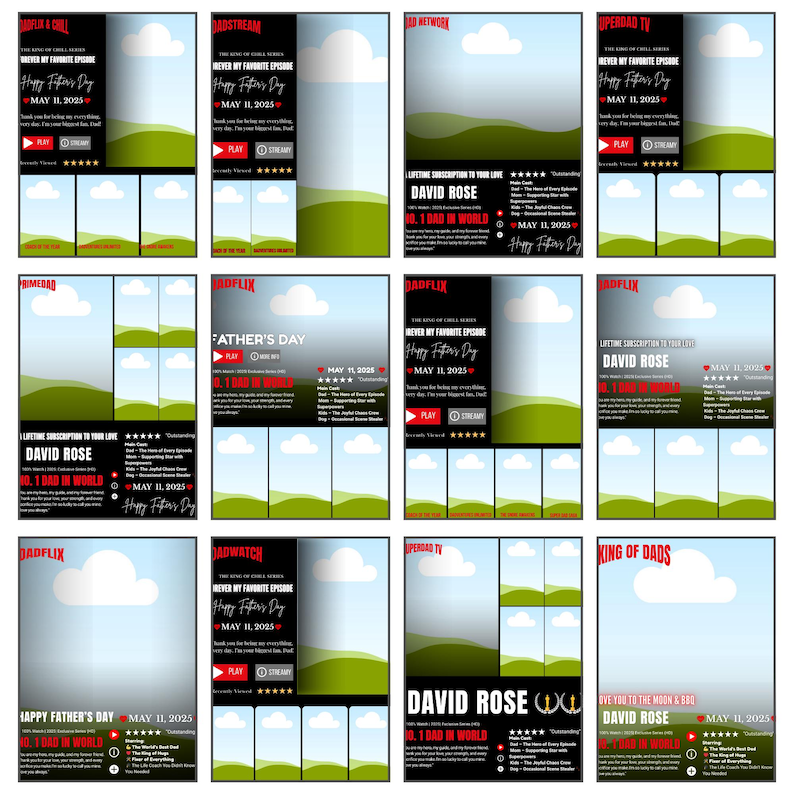 May include: A collection of digital Father's Day cards with various designs. Each card features text, including "Happy Father's Day" and "David Rose, No. 1 Dad in World." The cards have a green and white landscape background.