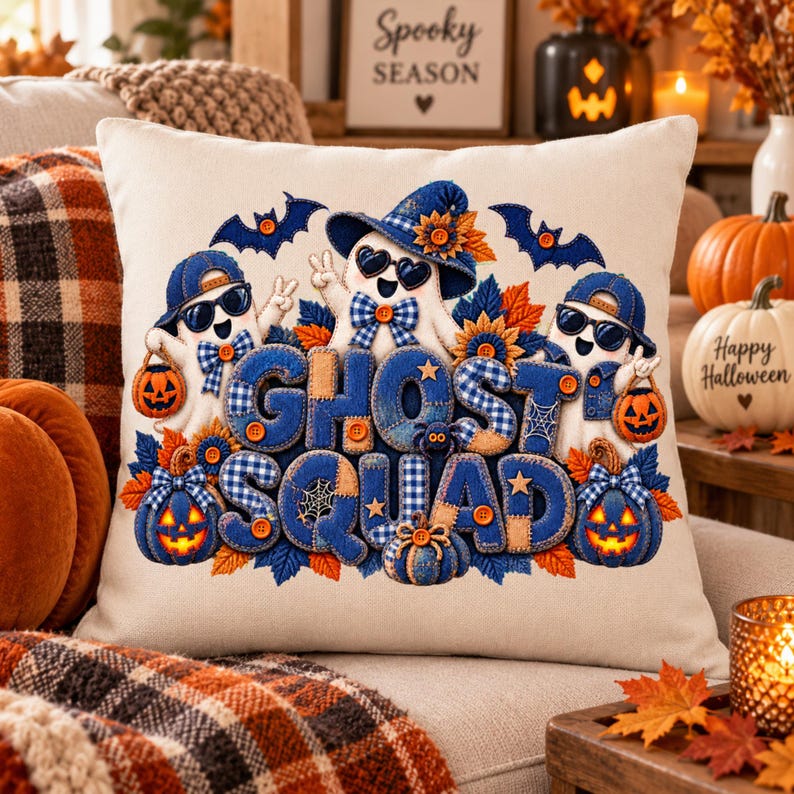 May include: A square throw pillow with a cream-colored background featuring a graphic of three ghosts wearing blue baseball caps and sunglasses. The text GHOST SQUAD is centered in blue, surrounded by orange pumpkins, autumn leaves, and bats.