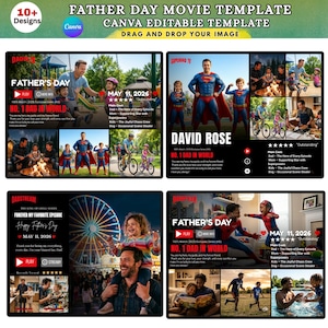 Op de afbeelding: Een Vaderdag film sjabloon met meerdere ontwerpen. De ontwerpen bevatten familiefoto's, superhelden en de tekst "Father's Day" en "No. 1 Dad in World". De sjabloon is bewerkbaar in Canva.
