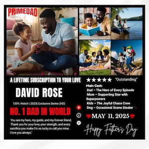 May include: Promotional graphic for "PRIMEDAD" featuring a collage of family moments. The text reads "A Lifetime Subscription to Your Love" and "No. 1 Dad in World." Includes the date "May 11, 2025" and "Happy Father's Day."
