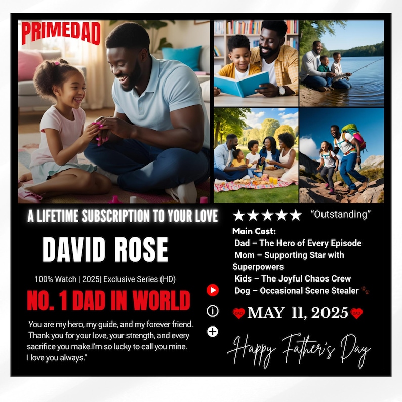 May include: Promotional graphic for "PRIMEDAD" featuring a collage of family moments. The text reads "A Lifetime Subscription to Your Love" and "No. 1 Dad in World." Includes the date "May 11, 2025" and "Happy Father's Day."