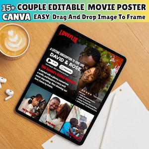 Könnte beinhalten: Ein digitaler Tablet-PC zeigt eine Filmplakatvorlage mit dem Text "DAVID & ROSE" und "LOVEFLIX". Das Plakat zeigt Bilder eines Paares und den Text "This Season's Hottest Romance". Oben im Bild steht der Text "15+ COUPLE EDITABLE MOVIE POSTER".