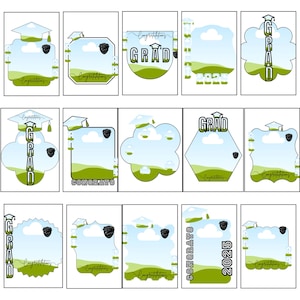 K&ouml;nnte beinhalten: Set mit 12 Abschlussfoto-Rahmen in verschiedenen Formen und Designs. Jeder Rahmen zeigt eine gr&uuml;ne und blaue Landschaft mit Wolken und einer Abschluss-Kappe. Die Rahmen sind perfekt, um Fotos von der Abschlussfeier einen pers&ouml;nlichen Touch zu verleihen.