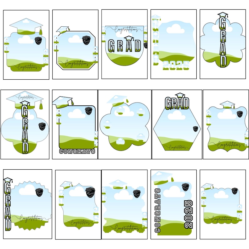 K&ouml;nnte beinhalten: Set mit 12 Abschlussfoto-Rahmen in verschiedenen Formen und Designs. Jeder Rahmen zeigt eine gr&uuml;ne und blaue Landschaft mit Wolken und einer Abschluss-Kappe. Die Rahmen sind perfekt, um Fotos von der Abschlussfeier einen pers&ouml;nlichen Touch zu verleihen.
