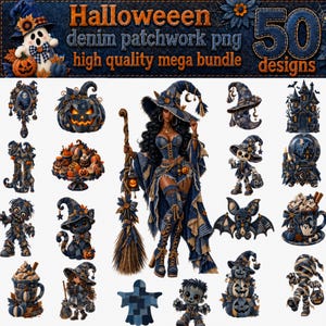Könnte beinhalten: Eine digitale Sammlung von 50 Halloween-Motiven als PNG-Dateien im Denim-Patchwork-Stil, die verschiedene Figuren und Objekte wie eine Hexe, Kürbisse, Geister, eine Katze, eine Fledermaus, ein Spukhaus und Tassen in Jeansstoff-Optik zeigen.