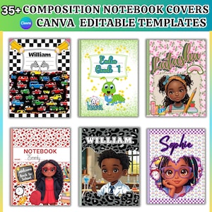 Könnte beinhalten: Eine Sammlung von Notizbuch-Covern mit verschiedenen Designs. Die Cover zeigen Illustrationen von Autos, einer Raupe, einem Mädchen mit Bleistift, einem Mädchen mit Brille und einem Jungen im Laborkittel. Text enthält Namen und Sätze wie "Willkommen zurück in der Schule."