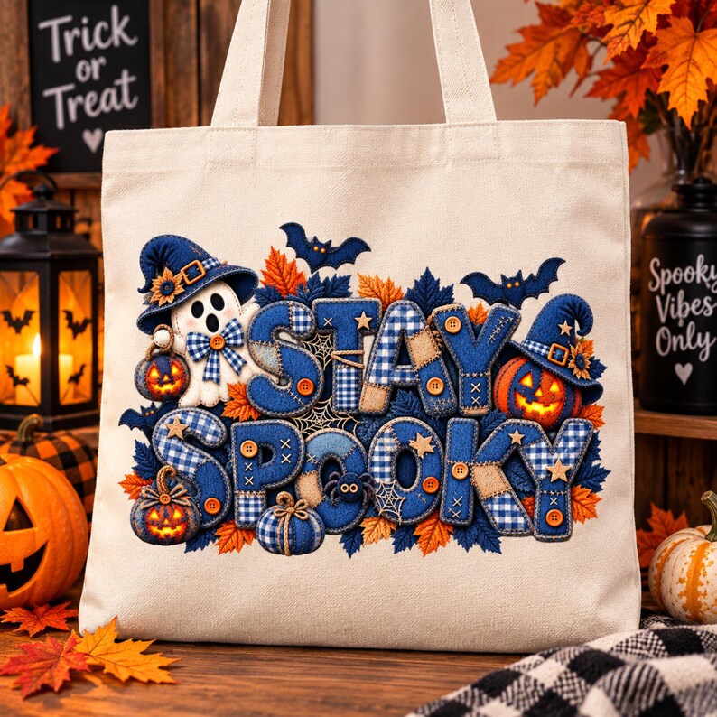 May include: A cream-colored canvas tote bag featuring a graphic print with the text STAY SPOOKY. The design includes a white ghost, orange pumpkins, blue witch hats, bats, and autumn leaves, accented with blue plaid patterns and small buttons.