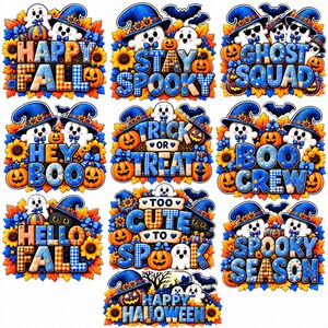 May include: A collection of ten decorative stickers featuring cartoon ghosts, black cats, and pumpkins adorned with blue witch hats, sunflowers, and autumn leaves. Each sticker displays festive text including Happy Fall, Stay Spooky, Ghost Squad, Hey Boo, Trick or Treat, Boo Crew, Hello Fall, Too Cute to Spook, Spooky Season, and Happy Halloween.