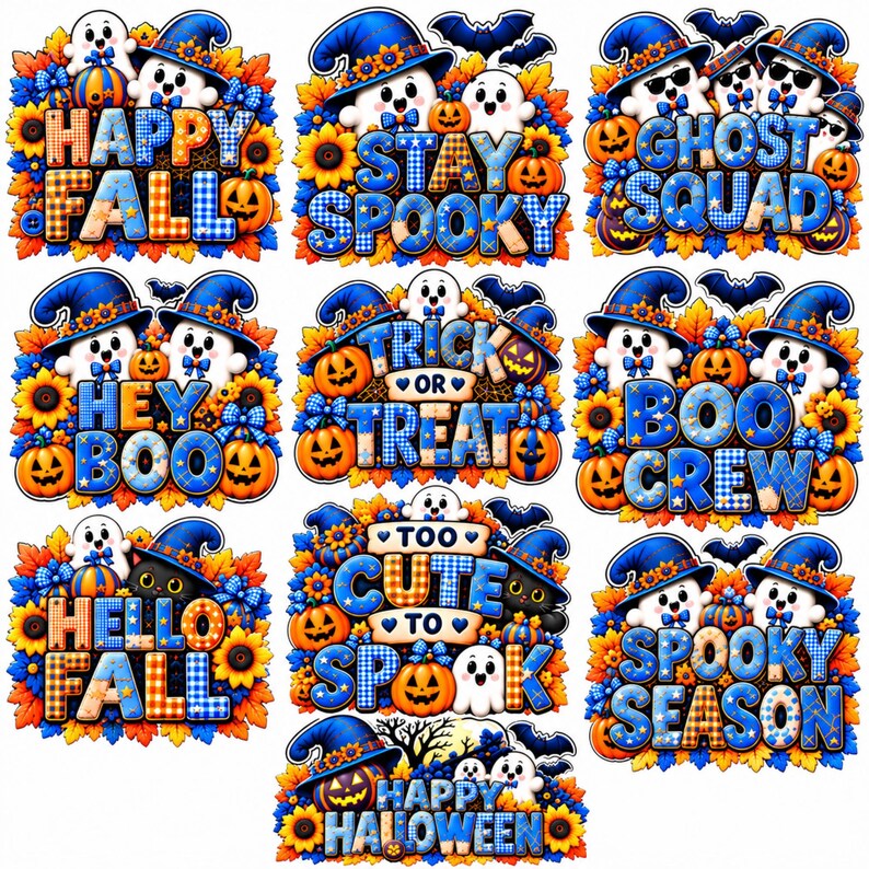 May include: A collection of ten decorative stickers featuring cartoon ghosts, black cats, and pumpkins adorned with blue witch hats, sunflowers, and autumn leaves. Each sticker displays festive text including Happy Fall, Stay Spooky, Ghost Squad, Hey Boo, Trick or Treat, Boo Crew, Hello Fall, Too Cute to Spook, Spooky Season, and Happy Halloween.