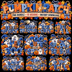 May include: A digital graphic bundle featuring ten Halloween-themed designs with the text PUMPKIN PATCH PNG BUNDLE 10 DESIGNS INSTANT DOWNLOAD. The illustrations include ghosts, pumpkins, bats, and sunflowers in blue and orange plaid patterns.