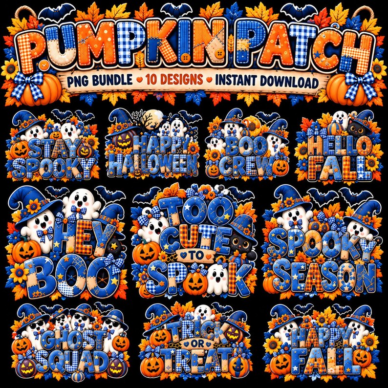 May include: A digital graphic bundle featuring ten Halloween-themed designs with the text PUMPKIN PATCH PNG BUNDLE 10 DESIGNS INSTANT DOWNLOAD. The illustrations include ghosts, pumpkins, bats, and sunflowers in blue and orange plaid patterns.