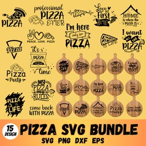 Puede incluir: Un conjunto de 15 diseños SVG de temática de pizza en blanco y negro. Los diseños incluyen frases como "Pizza is Life", "My Pizza My Rules" y "I'm here only for Pizza".