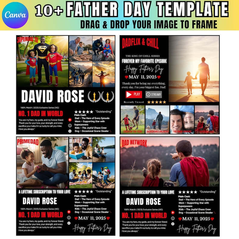 May include: A Canva Father's Day template with the text "10+ Father Day Template" and "Drag & Drop Your Image to Frame." The design includes photo collages, text, and the phrases "Dadflix & Chill" and "Happy Father's Day."