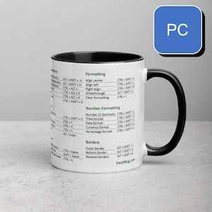 Könnte beinhalten: Eine weiße Keramiktasse mit schwarzem Henkel und Rand. Die Tasse hat ein grünes und schwarzes Design mit Text, der "Formatierung", "Zahlenformatierung" und "Ränder" lautet. Der Text listet Tastenkombinationen für Microsoft Excel auf.