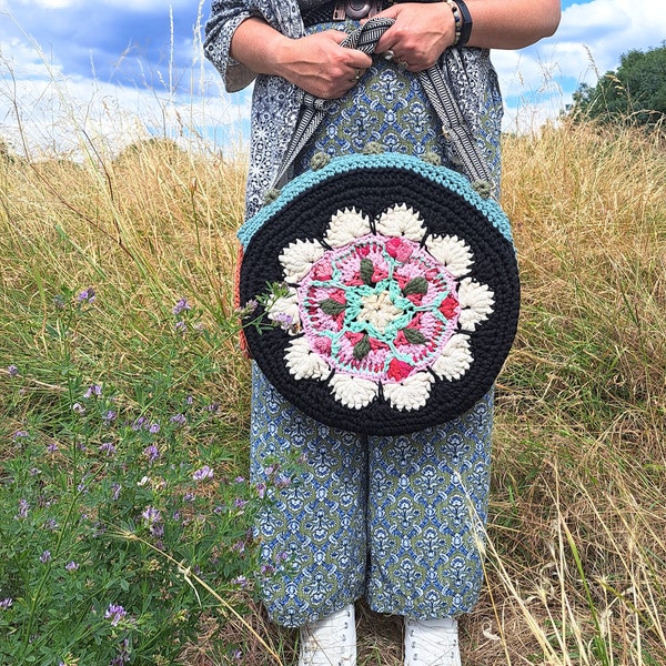 Crochet mandala shamanic drum bag with Apple Blossom energy