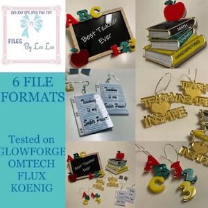 Pode incluir: Uma coleção de itens com tema de professor cortados a laser, incluindo brincos, um quadro-negro com "Best Teacher Ever" e livros empilhados com as palavras "Math", "Literacy" e "Handwriting". A imagem também mostra o texto "6 FILE FORMATS" e "Tested on GLOWFORGE OMTECH FLUX KOENIG."