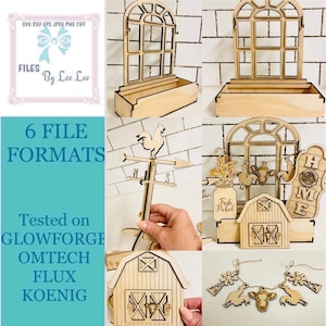 May include: A set of laser cut wood farmhouse decor, including a barn, window, weathervane, and a banner with the word "HOME". The set is designed for crafting and includes six file formats.