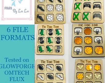 May include: Six different Tic Tac Toe game boards with various themes. Each board is made of wood and has a different set of nine images. The themes include: soccer, video games, dinosaurs, basketball, football, and bees.