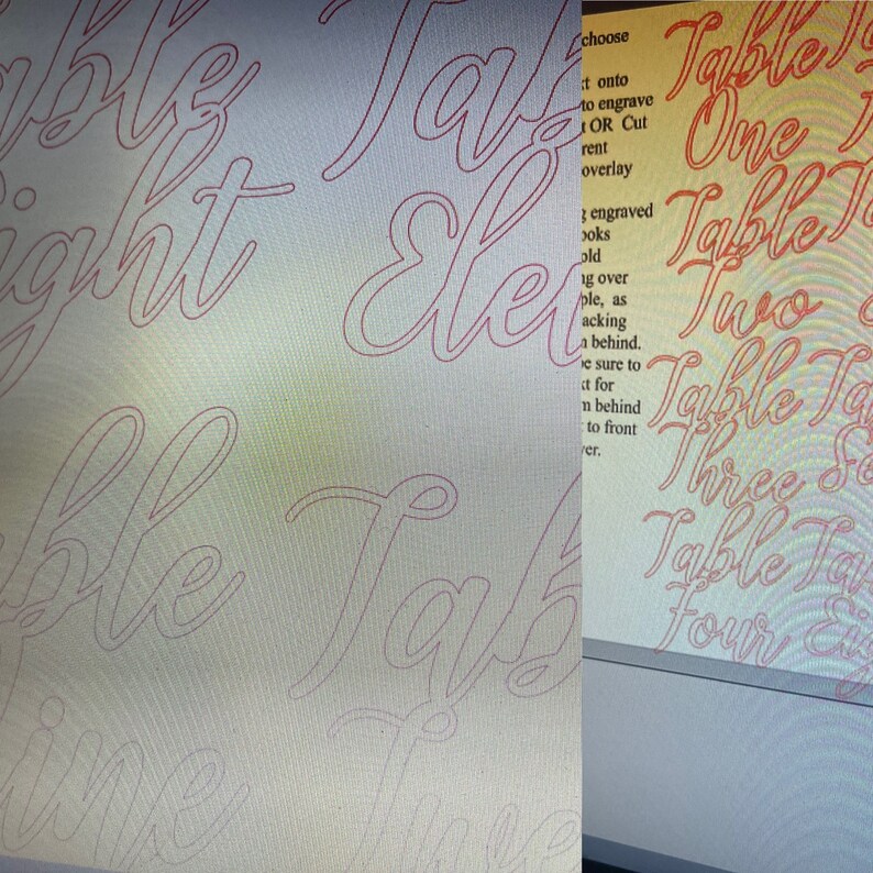 May include: A close-up of a computer screen showing a design for a table number. The design is for a table number with the word "Table" written in a cursive font. The numbers one through four are also written in cursive font. The text on the screen says "choose to engrave OR Cut overlay 3 engraved books old ig over ple, as ackin behind. be sure to n behind to front er."