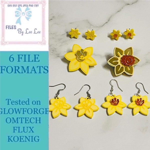 Daffodil flower earrings SVG, Daffodil Brooch pin SVG, Jewelry cut file, laser jewelry file, digital file only,  Glowforge, laser ready