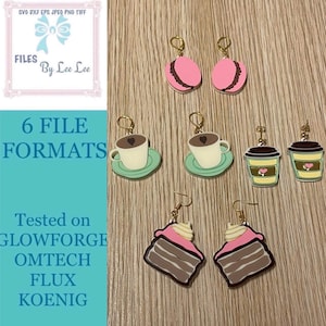 Digital Laser Cut file, coffee earrings svg, file set of 4, Jewelry Laser File, Cake Earrings, teacup, macaron Glowforge, laser ready