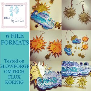May include: A set of six laser cut earrings featuring a sun and cloud design. The earrings are made of mirrored acrylic and have a gold finish. The sun has a face and the cloud is blue and white. The earrings are shown on a white background.