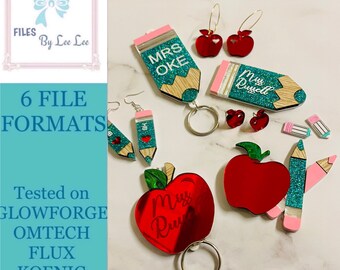 Digital Laser Cut file, Teacher Earrings, Pencil, Apple, Teacher Lanyards, Teacher FILE Bundle, laser file, Glowforge, laser ready