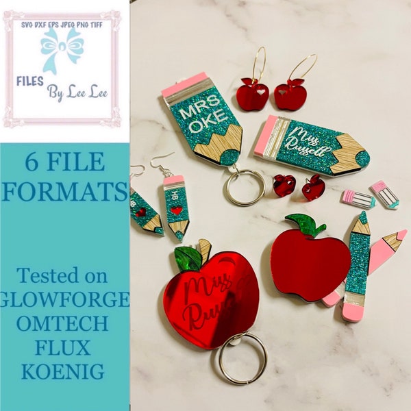 Digital Laser Cut file, Teacher Earrings, Pencil, Apple, Teacher Lanyards, Teacher FILE Bundle, laser file, Glowforge, laser ready