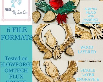 Digital Laser File, 3 Cardinal Ornaments, Cut, Engrave, Inlaid, Christmas Ornament, Angel, Guardian Angels,in memory, Glowforge ready