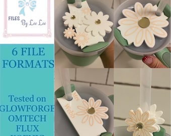 Daisy Tumbler Tags, with straw topper 3x tumbler tag designs, cut file, svg, laser ready, fits 40 oz 2.0 cup with straw, Digital File,