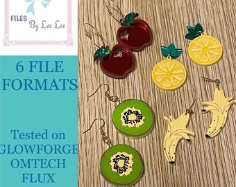 Digital Laser Cut file, Fruit earrings svg, Kiwi fruit, banana, tutti frutti earrings , 4 designs, apple, lemon Glowforge, laser ready