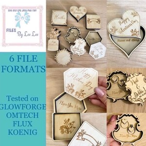 May include: A set of six laser cut wooden ring boxes with various designs and engravings. The boxes are in different shapes, including a heart, a hexagon, and a square. The engravings include "Happy Valentines Day", "Forever and Always", "Happy Mothers Day", "I Love You More", and "Neil & Debbi-L 09.10.20".