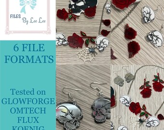 Digital Laser Cut file, Halloween Skulls and Roses, tattoo style, Jewelry cut file, laser jewellery file, Glowforge, laser ready