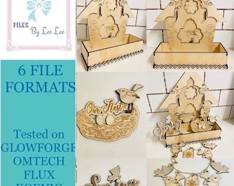 Archivo de corte láser digital, casa de pájaros de primavera y bandeja escalonada SVG, jardín, decoración de bandeja, juego de archivos intercambiables, Glowforge, listo para láser