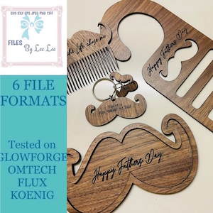 Digital Laser cut file, Fathers day laser gift set, tie hanger, key chain,Moustache Beard Comb, Key/coin tray, glowforge, laser ready,