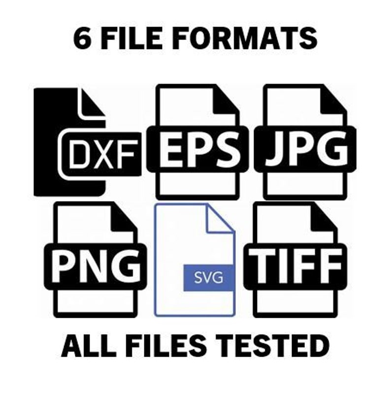 May include: A graphic showing six different file formats: DXF, EPS, JPG, PNG, SVG, and TIF. The text "6 FILE FORMATS" is at the top of the graphic and the text "ALL FILES TESTED" is at the bottom.